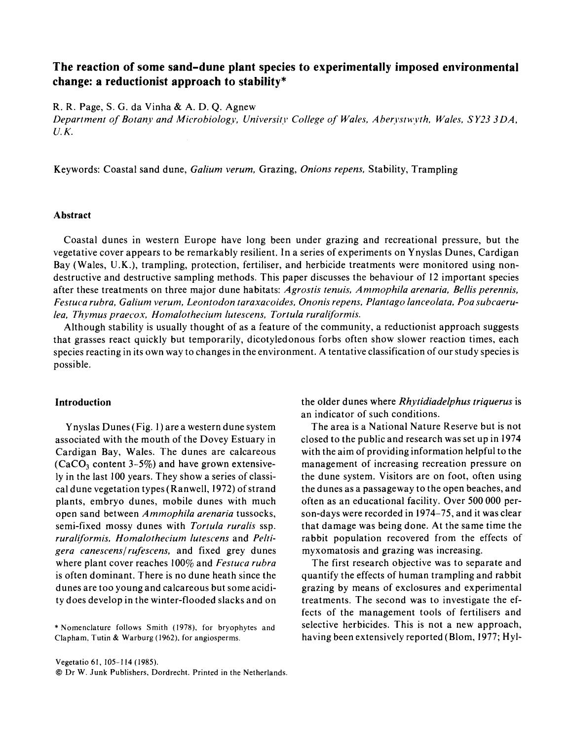 The reaction of some sand-dune plant species to experimentally imposed environmental change: a reductionist approach to stability by Unknown