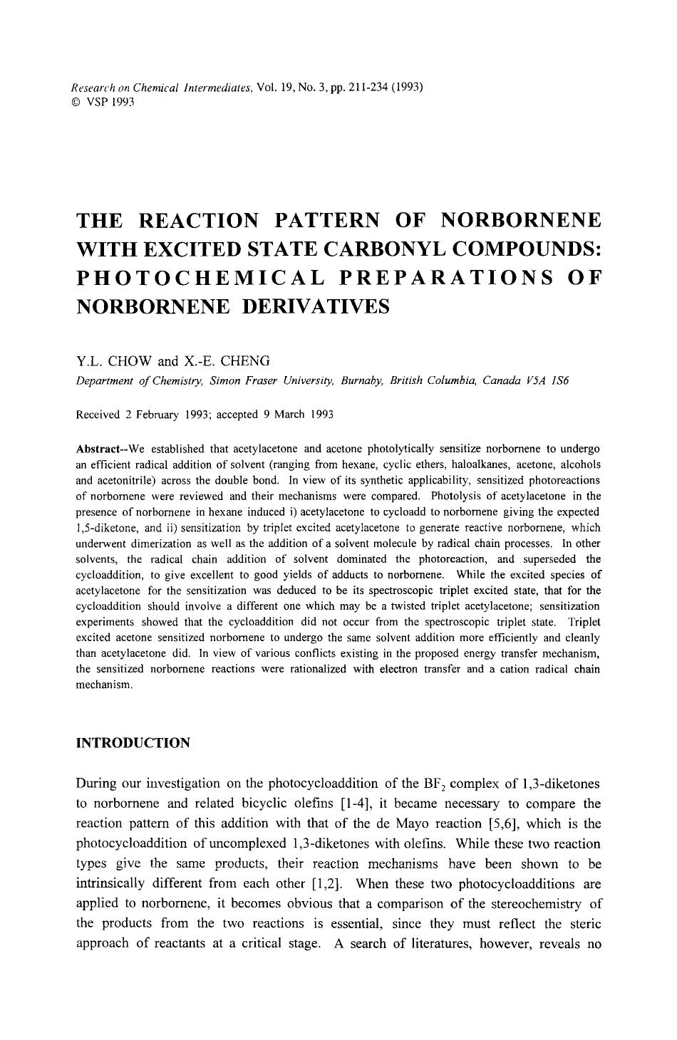 The reaction pattern of norbornene with excited state carbonyl compounds: Photochemical preparations of norbornene derivatives by Unknown