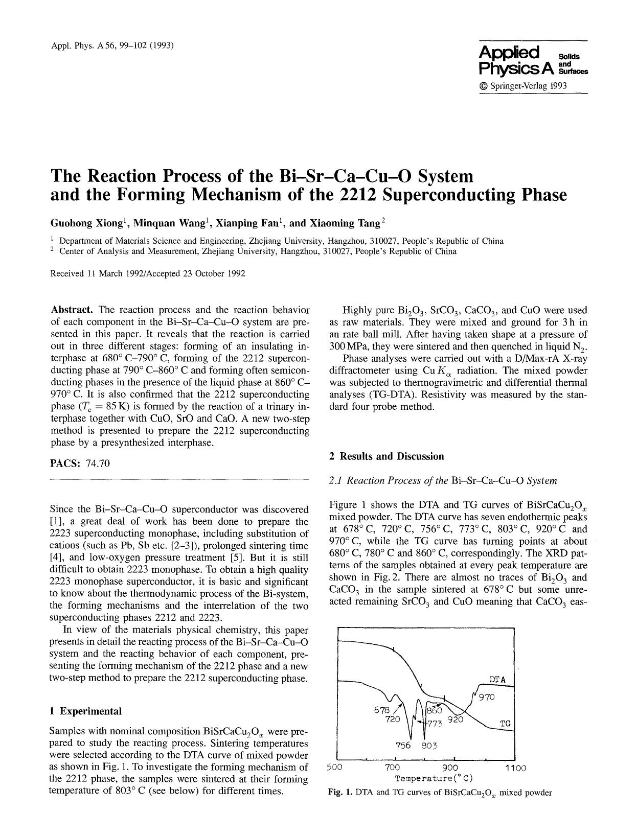 The reaction process of the Bi-Sr-Ca-Cu-O system and the forming mechanism of the 2212 superconducting phase by Unknown