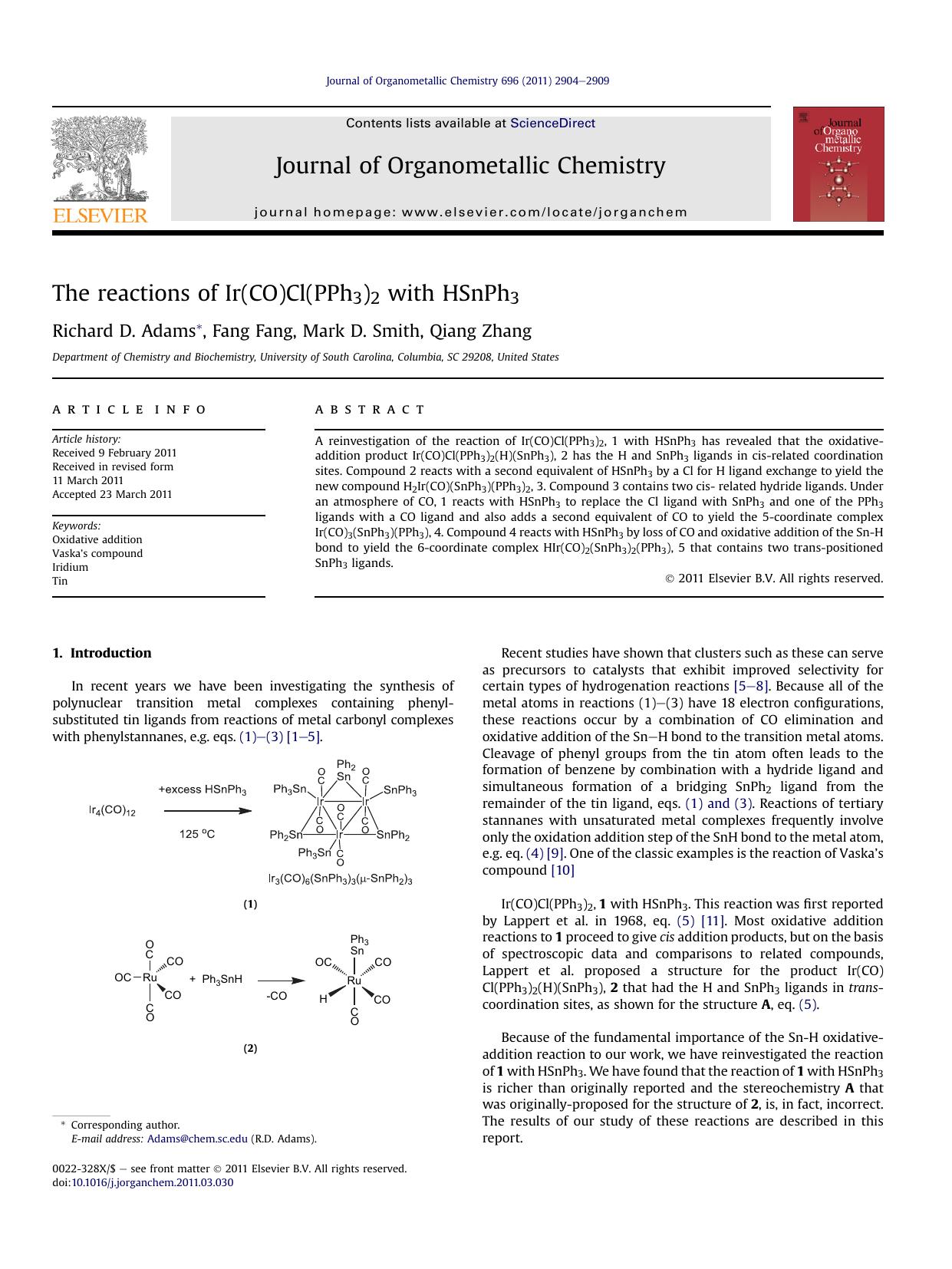The reactions of Ir(CO)Cl(PPh3)2 with HSnPh3 by Richard D. Adams & Fang Fang & Mark D. Smith & Qiang Zhang