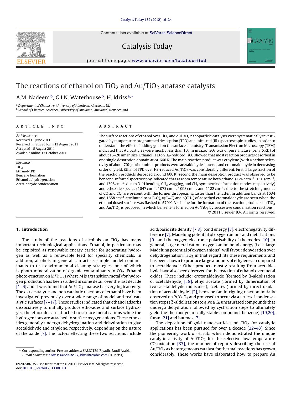 The reactions of ethanol on TiO2 and AuTiO2 anatase catalysts by A.M. Nadeem