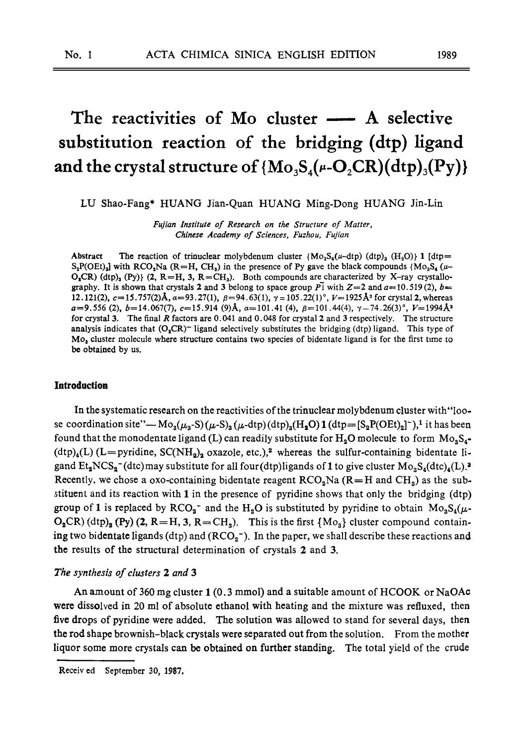 The reactivities of Mo cluster A selective substitution reaction of the bridging (dtp) ligand and the crystal structure of {Mo3S4(O2CR)(dtp)3(Py)} by Unknown