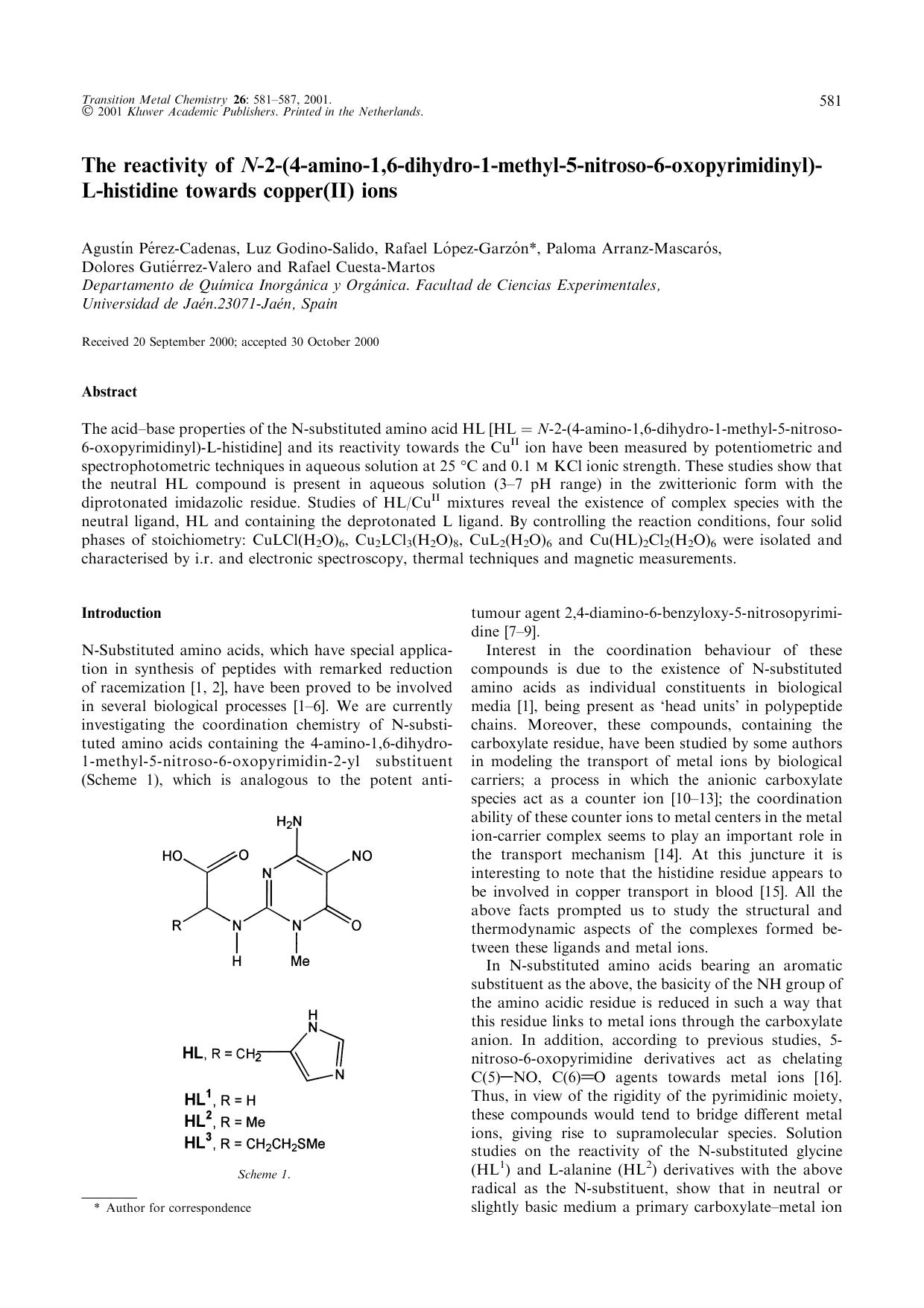The reactivity of N-2-(4-amino-1,6-dihydro-1-methyl-5-nitroso-6-oxopyrimidinyl)-L-histidine towards copper(II) ions by Unknown