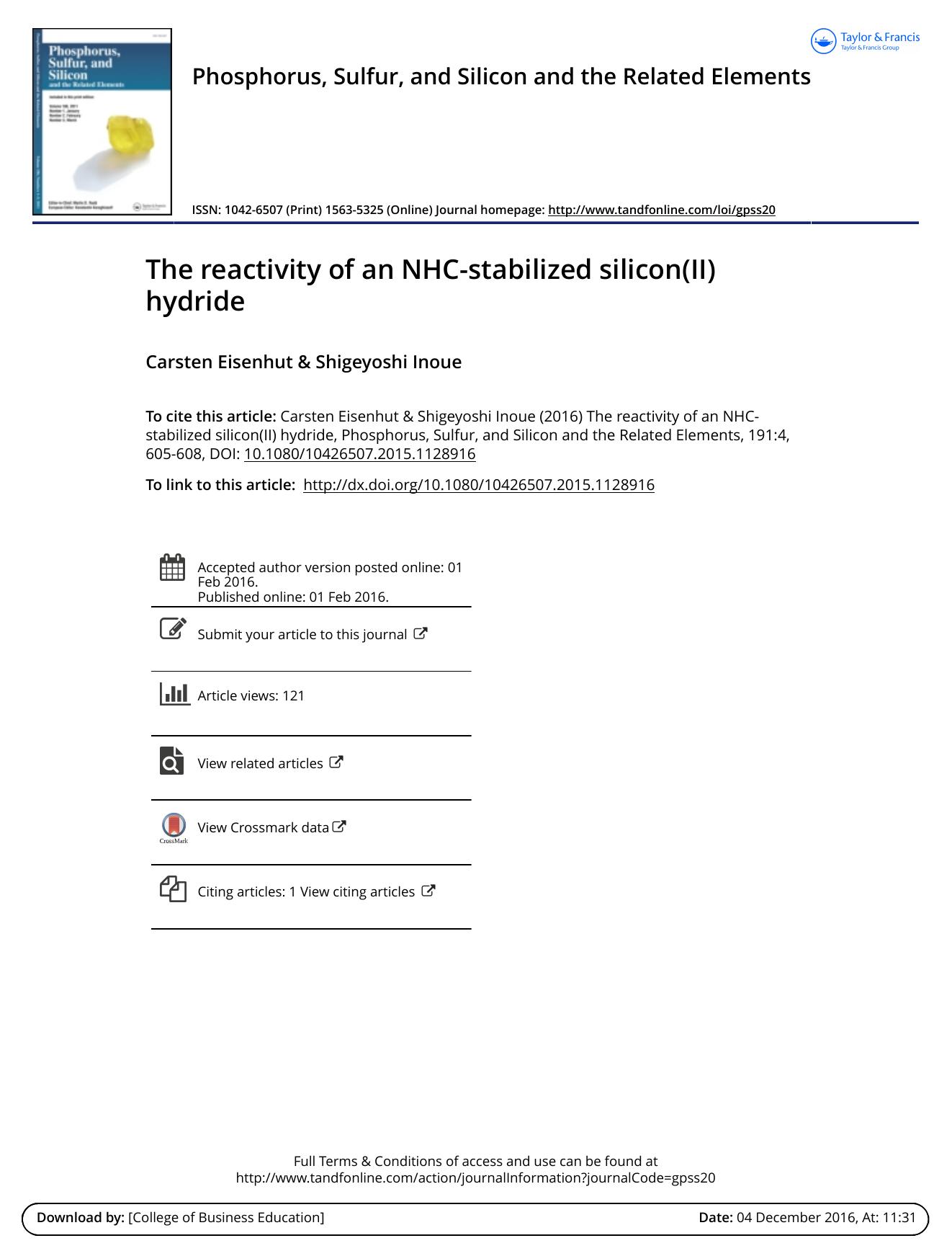 The reactivity of an NHC-stabilized silicon(II) hydride by Carsten Eisenhut & Shigeyoshi Inoue