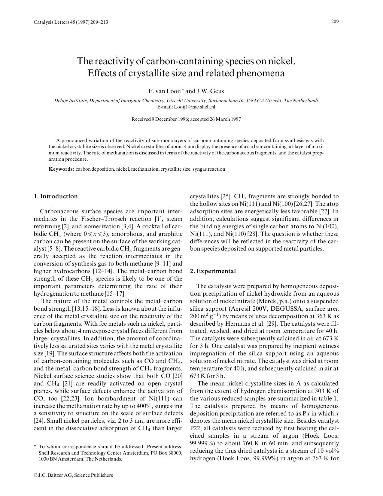 The reactivity of carbon-containing species on nickel. Effects of crystallite size and related phenomena by Unknown