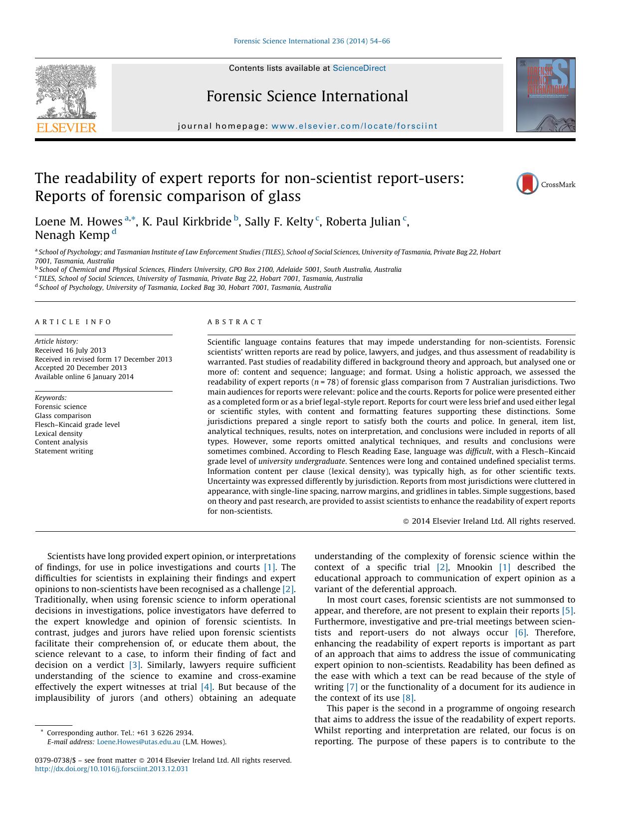 The readability of expert reports for non-scientist report-users: Reports of forensic comparison of glass by Loene M. Howes