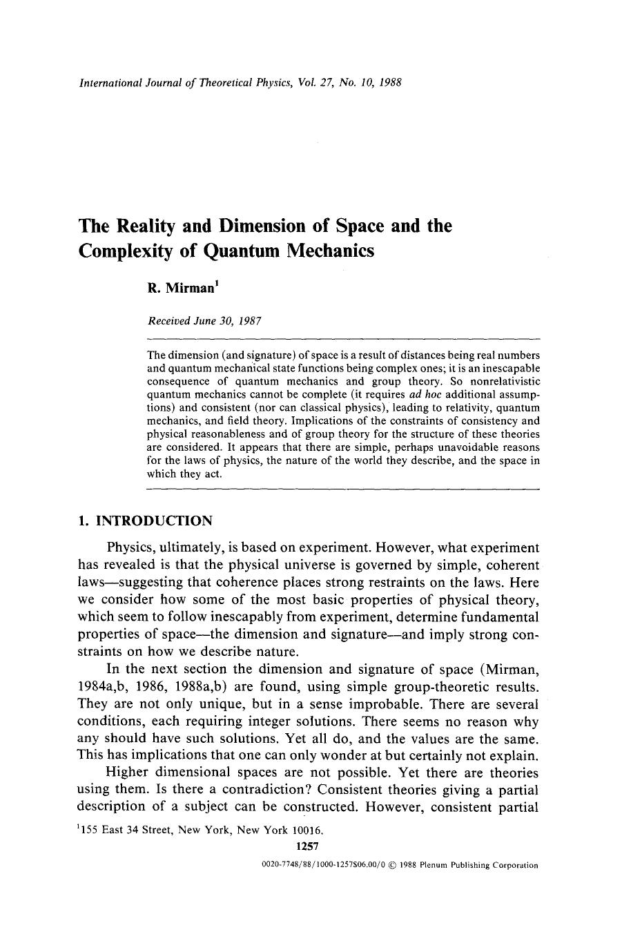 The reality and dimension of space and the complexity of quantum mechanics by Unknown