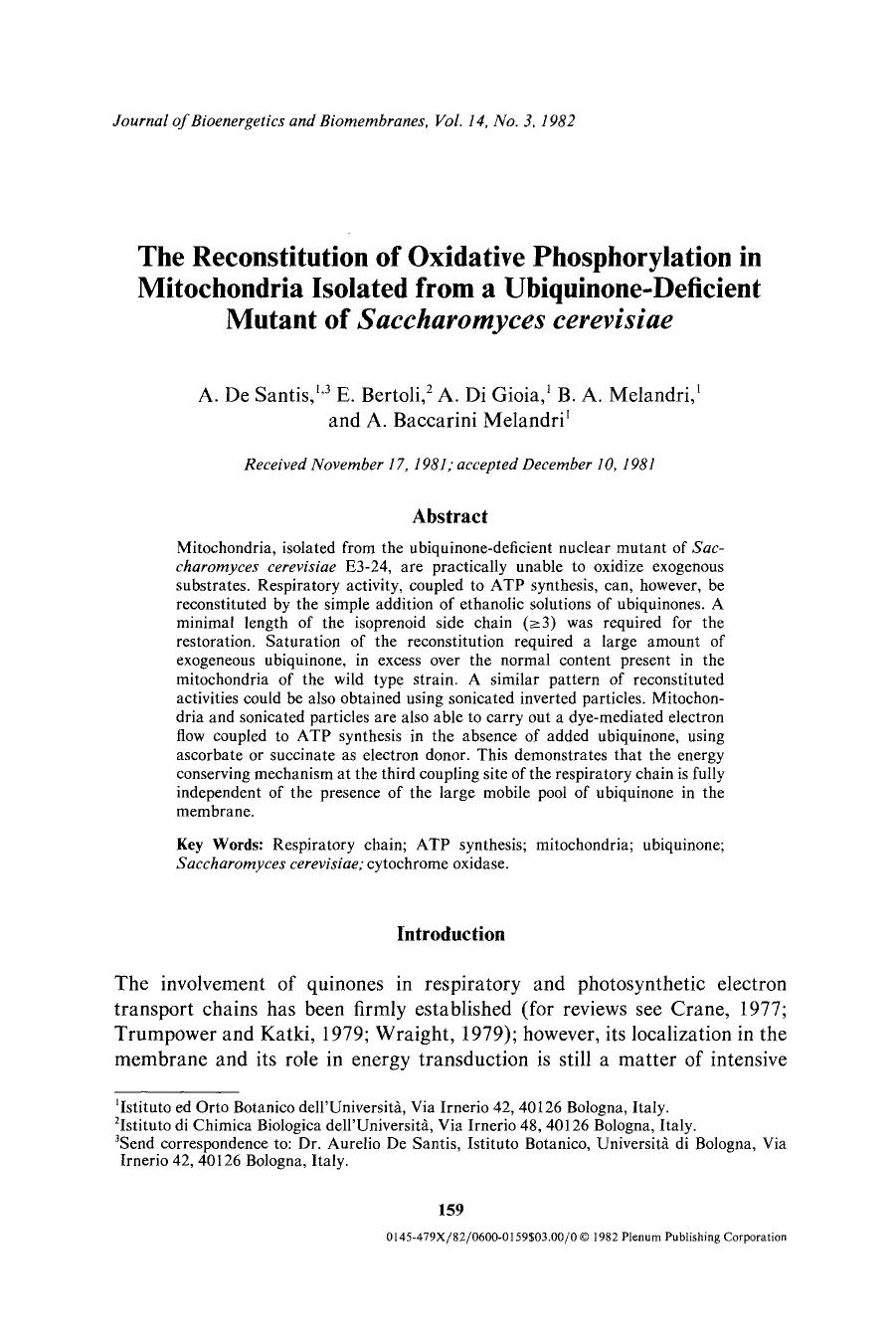 The reconstitution of oxidative phosphorylation in mitochondria isolated from a ubiquinone-deficient mutant of <Emphasis Type="Italic">Saccharomyces cerevisiae <Emphasis> by Unknown