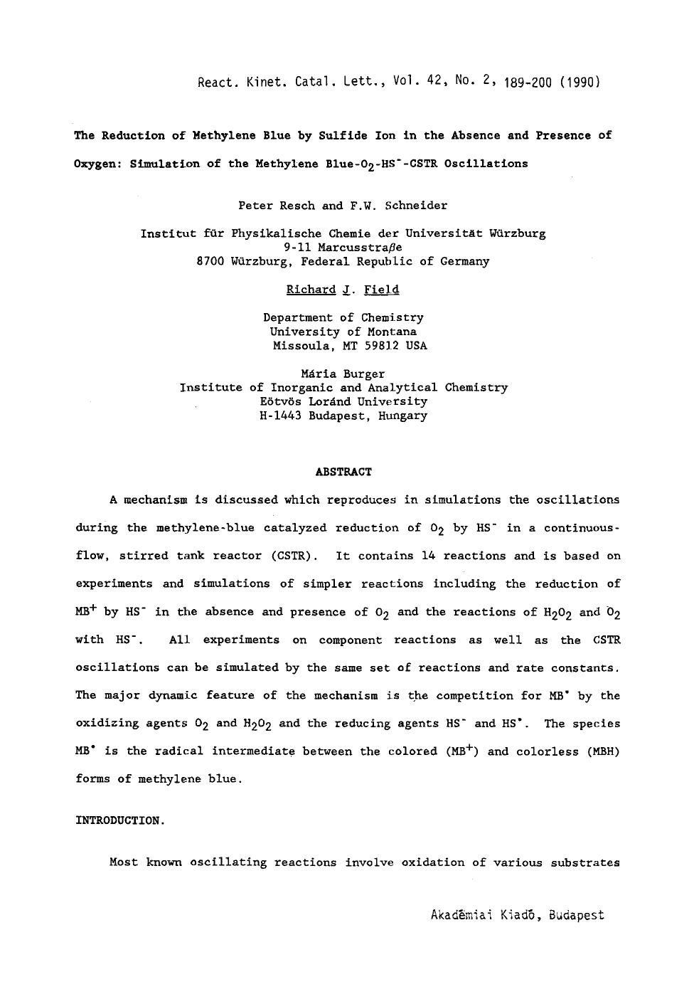 The reduction of methylene blue by sulfide ion in the absence and presence of oxygen: Simulation of the methylene blue-O <Subscript>2 <Subscript>&#x2212;HS <Superscript>&#x2212; <S by Unknown