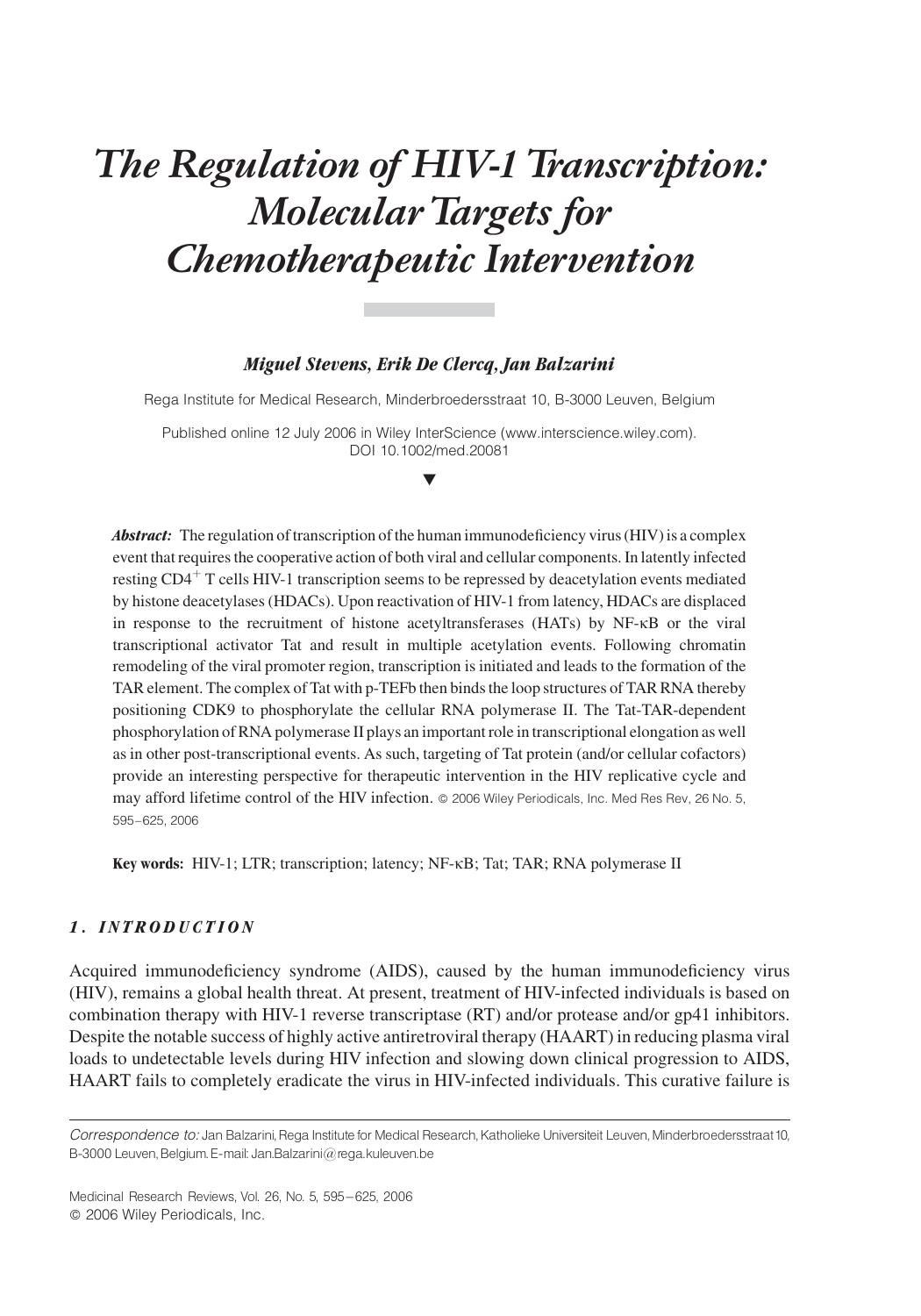 The regulation of HIV-1 transcription: Molecular targets for chemotherapeutic intervention by Unknown