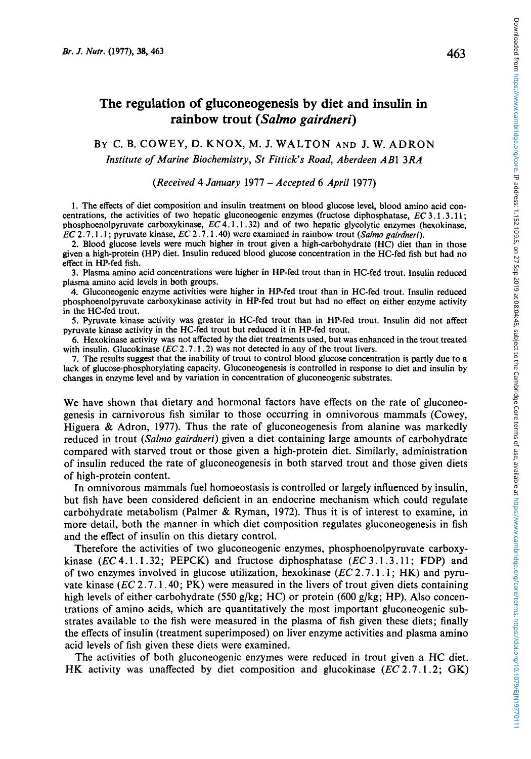 The regulation of gluconeogenesis by diet and insulin in rainbow trout (Salmo gairdneri) by C. B. Cowey D. Knox M. J. Walton J. W. Adron