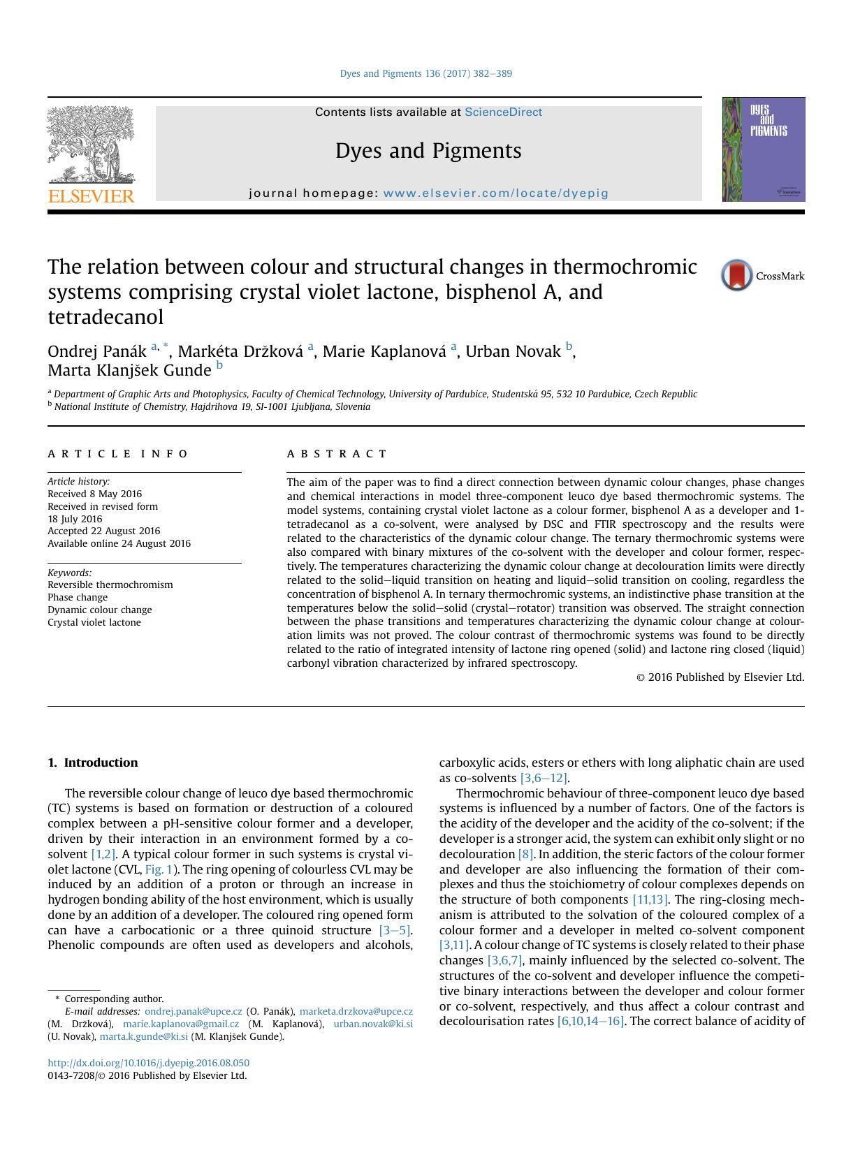 The relation between colour and structural changes in thermochromic systems comprising crystal violet lactone, bisphenol A, and tetradecanol by Ondrej Panák & Markéta Držková & Marie Kaplanová & Urban Novak & Marta Klanjšek Gunde