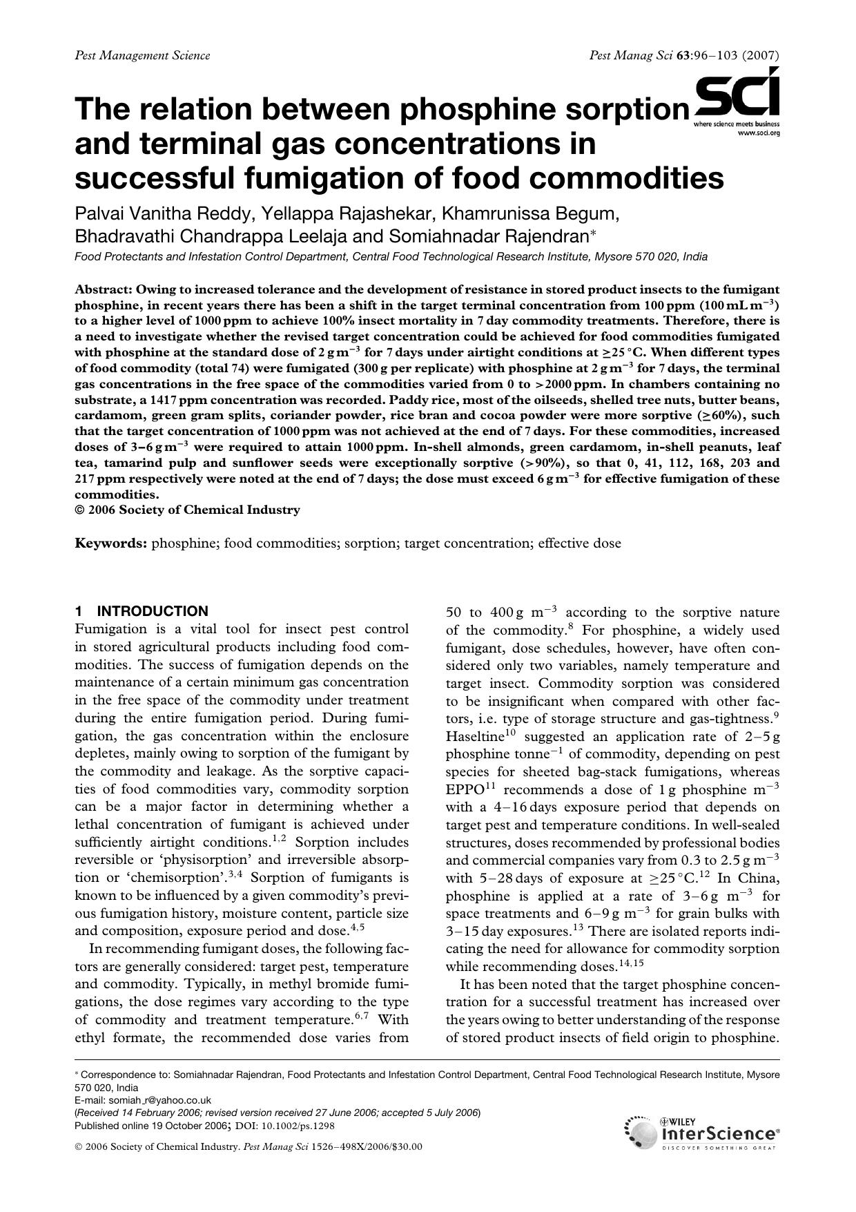 The relation between phosphine sorption and terminal gas concentrations in successful fumigation of food commodities by Unknown