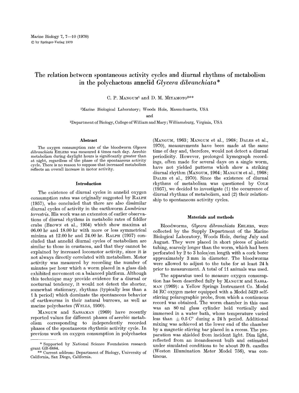 The relation between spontaneous activity cycles and diurnal rhythms of metabolism in the polychaetous annelid <Emphasis Type="Italic">Glycera dibranchiata<Emphasis> by Unknown