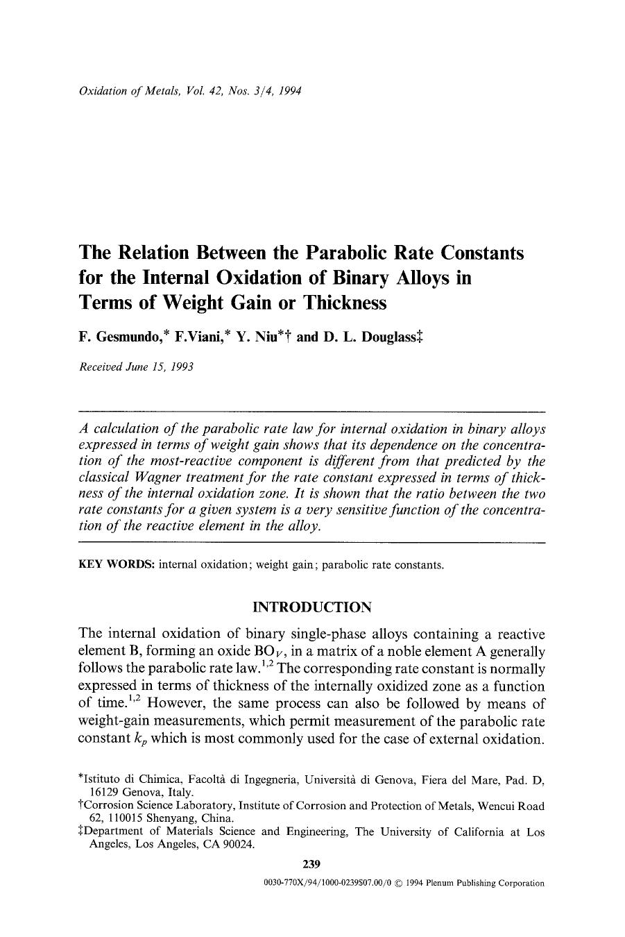 The relation between the parabolic rate constants for the internal oxidation of binary alloys in terms of weight gain or thickness by Unknown