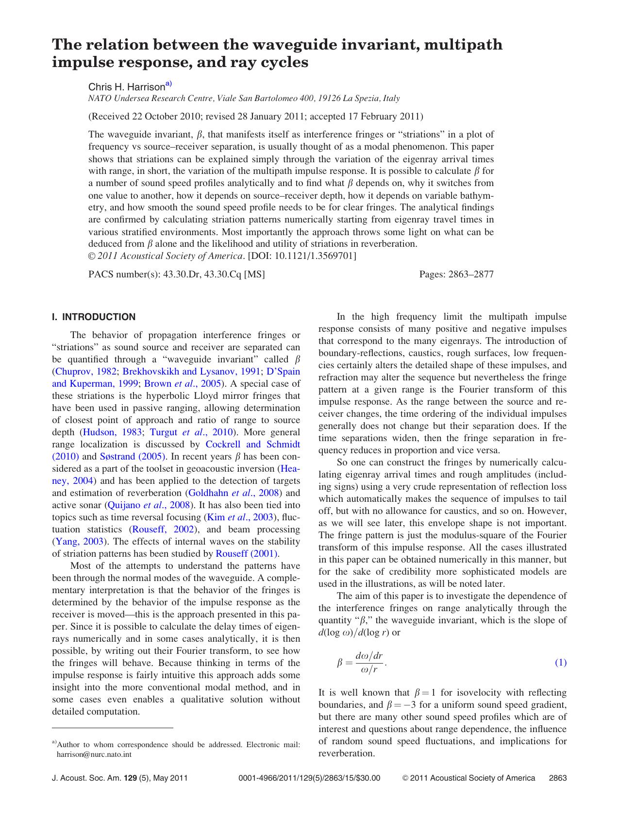 The relation between the waveguide invariant, multipath impulse response, and ray cycles by Chris H. Harrison