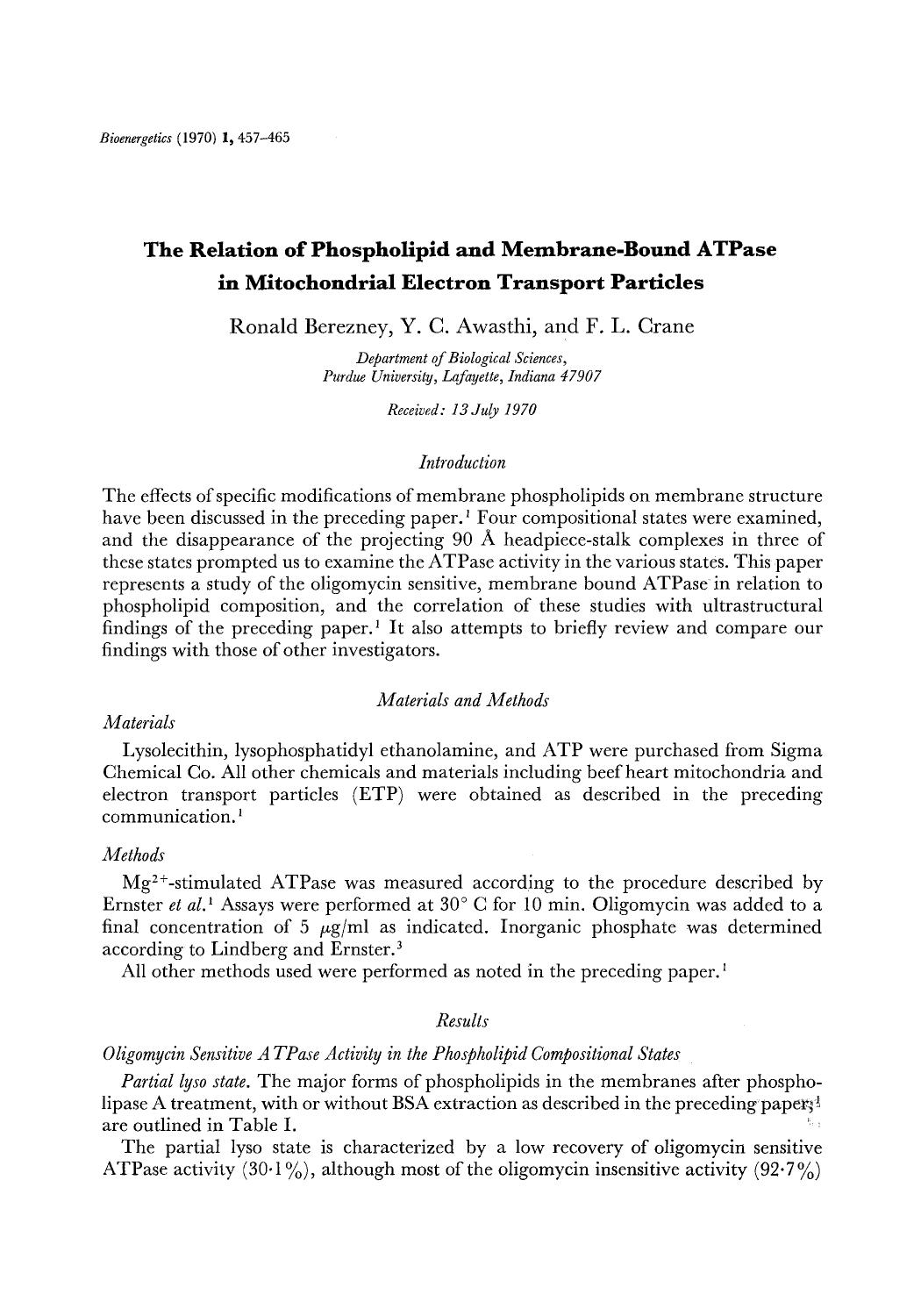 The relation of phospholipid and membrane-bound ATPase in mitochondrial electron transport particles by Unknown