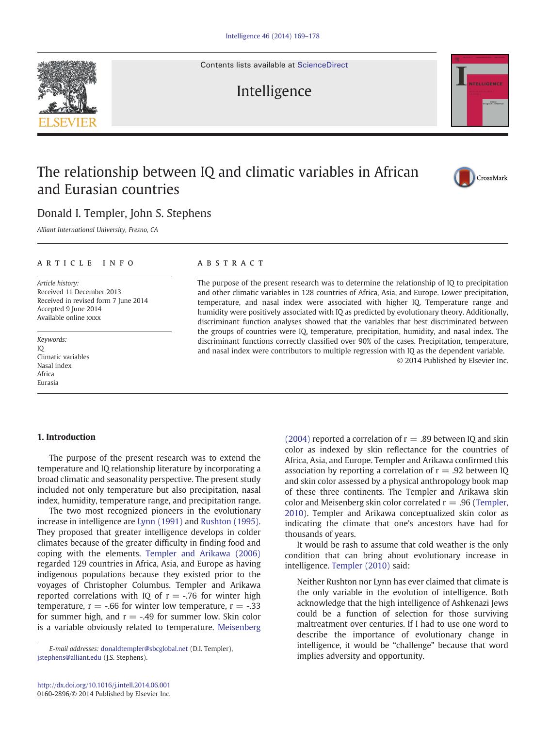 The relationship between IQ and climatic variables in African and Eurasian countries by Donald I. Templer & John S. Stephens