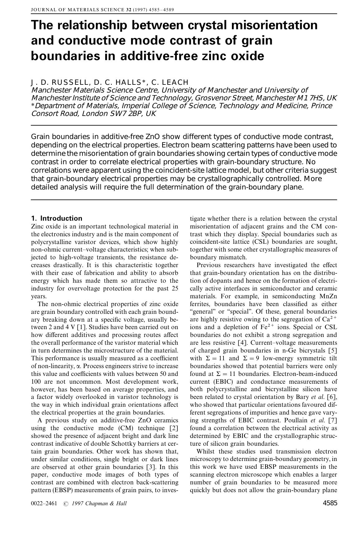 The relationship between crystal misorientation and conductive mode contrast of grain boundaries in additive-free zinc oxide by Unknown