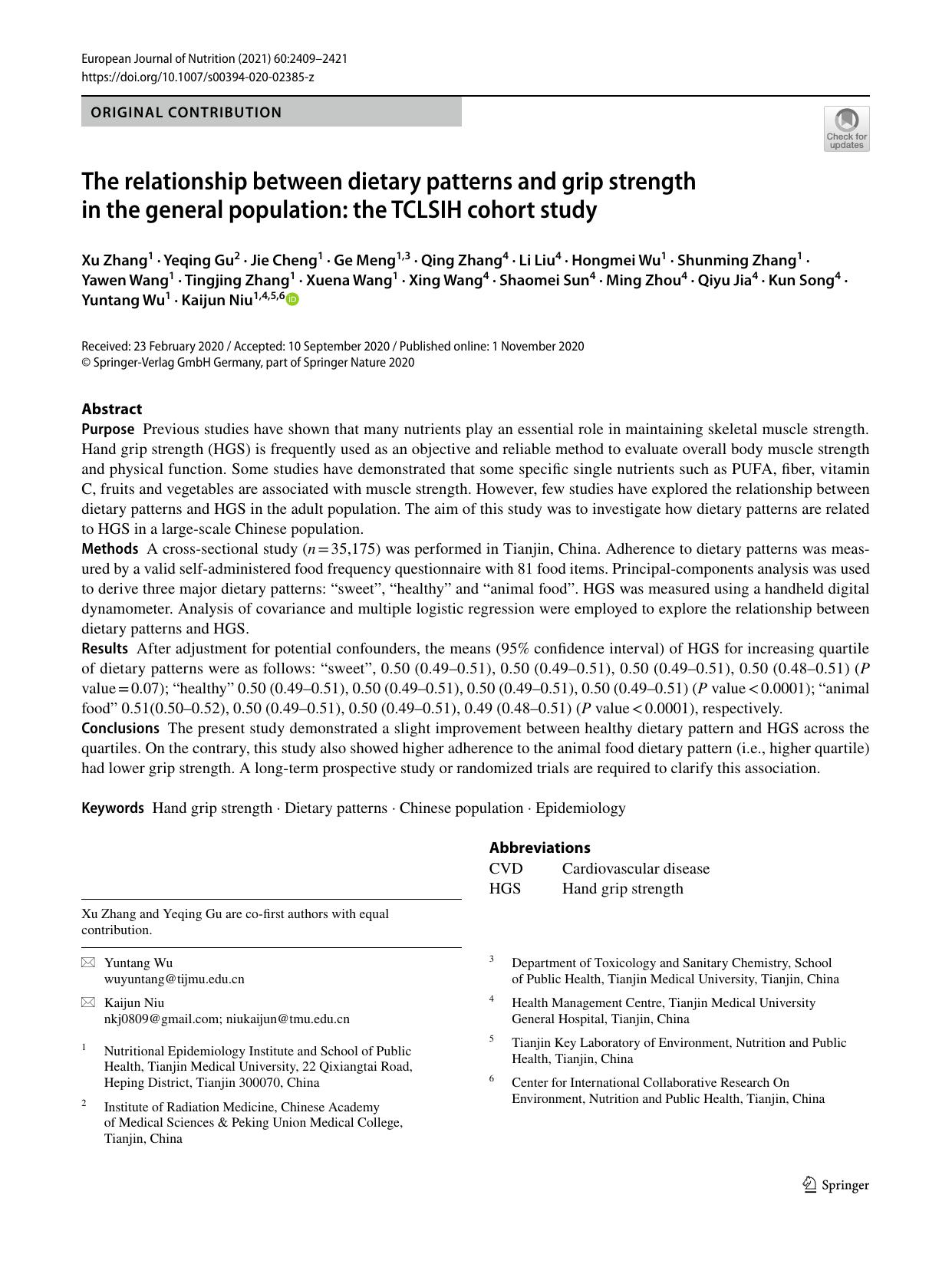 The relationship between dietary patterns and grip strength in the general population: the TCLSIH cohort study by unknow