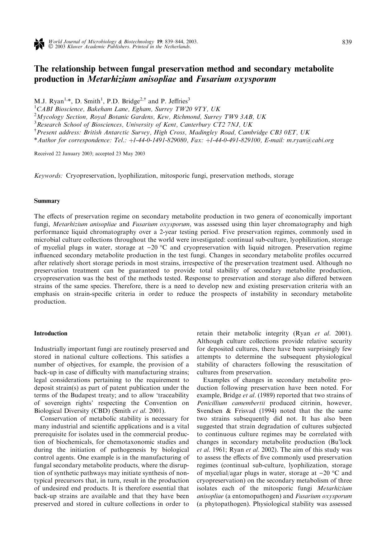 The relationship between fungal preservation method and secondary metabolite production in <Emphasis Type="Italic">Metarhizium anisopliae<Emphasis> and <Emphasis Type="Italic">Fusa by Unknown