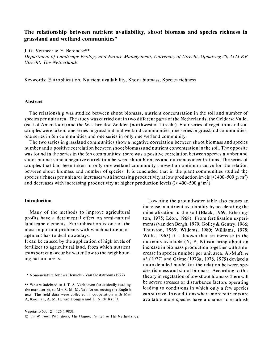 The relationship between nutrient availability, shoot biomass and species richness in grassland and wetland communities by Unknown