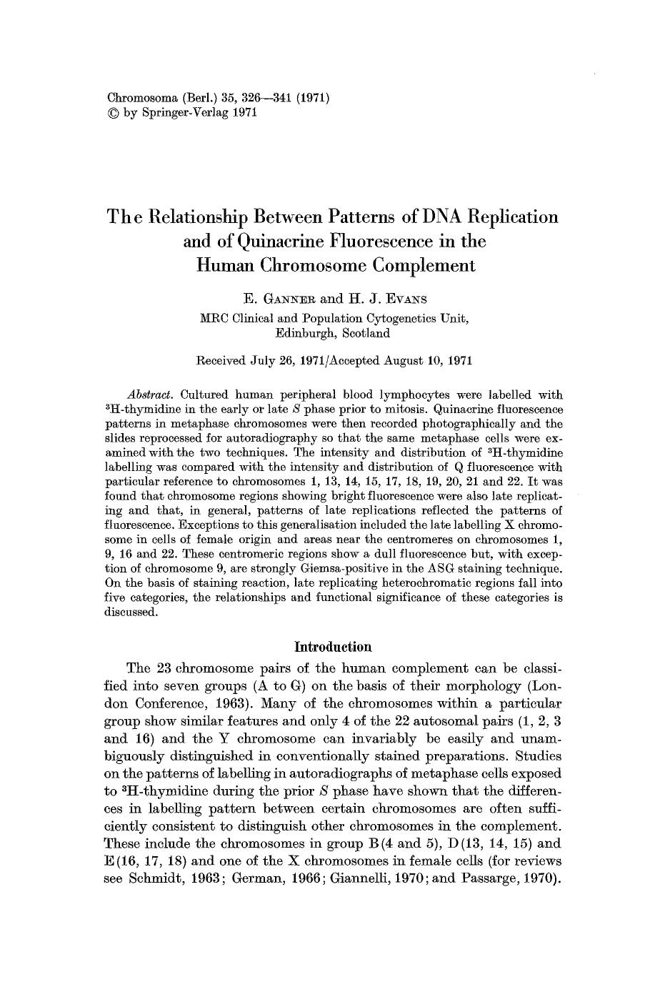The relationship between patterns of DNA replication and of Quinacrine fluorescence in the human chromosome complement by Unknown