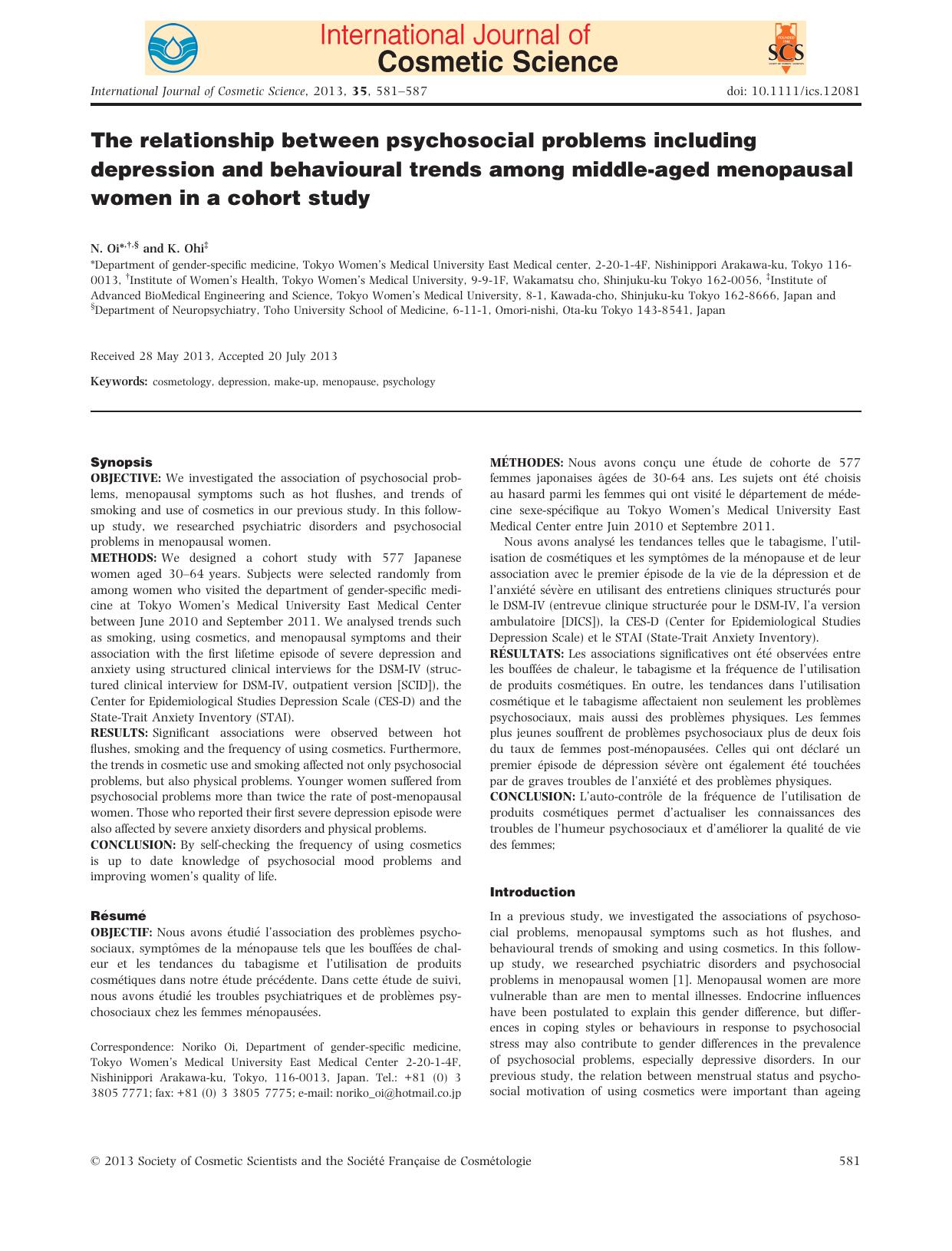 The relationship between psychosocial problems including depression and behavioural trends among middleaged menopausal women in a cohort study by Unknown