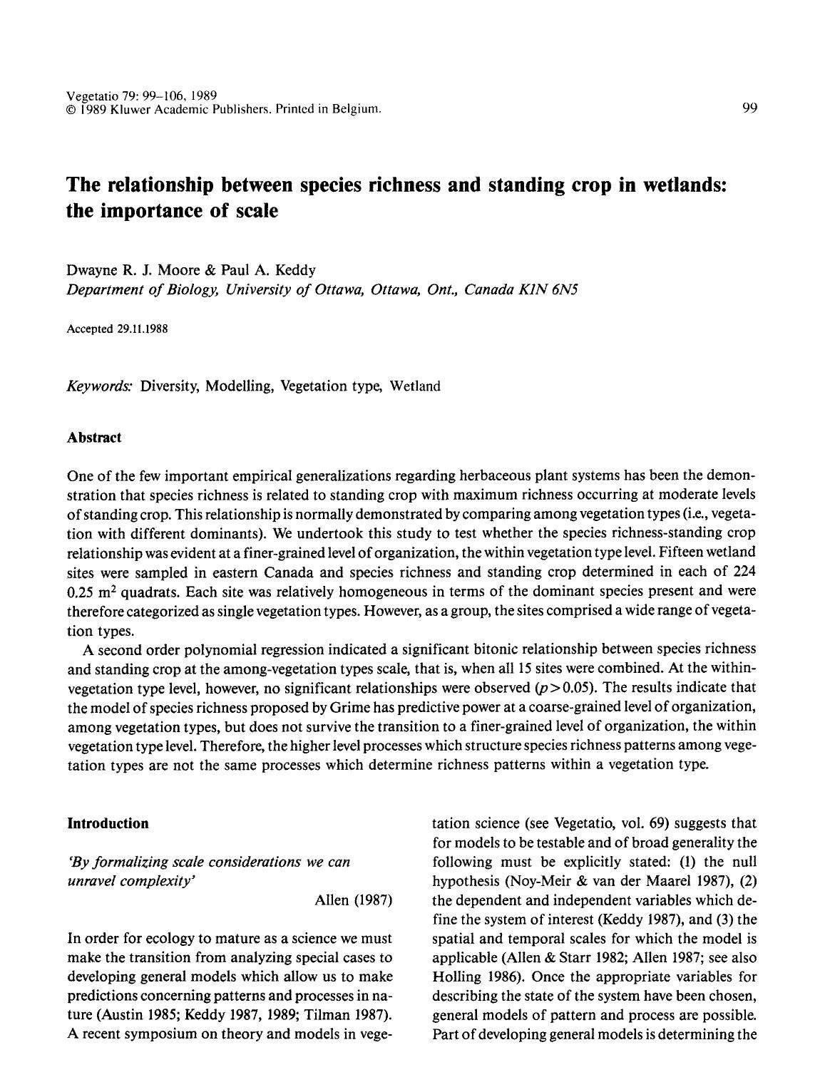 The relationship between species richness and standing crop in wetlands: the importance of scale by Unknown
