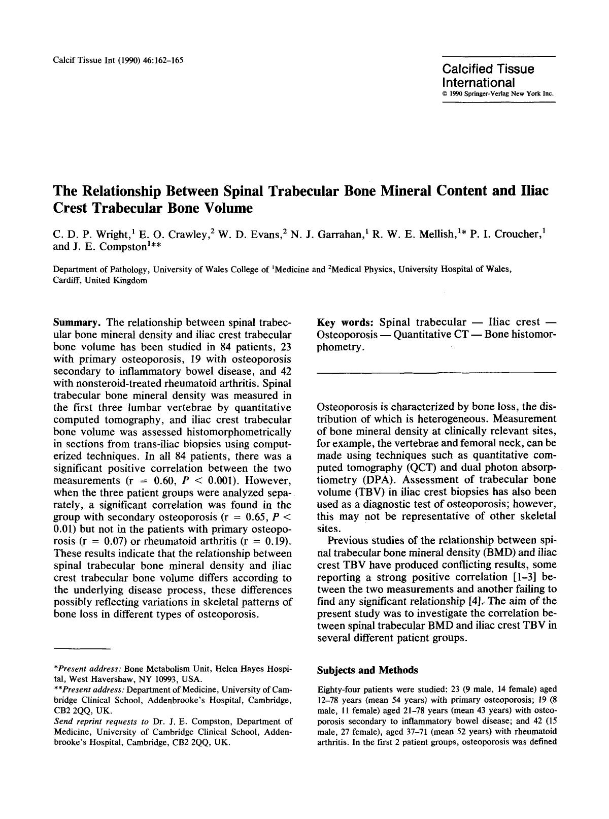 The relationship between spinal trabecular bone mineral content and iliac crest trabecular bone volume by Unknown