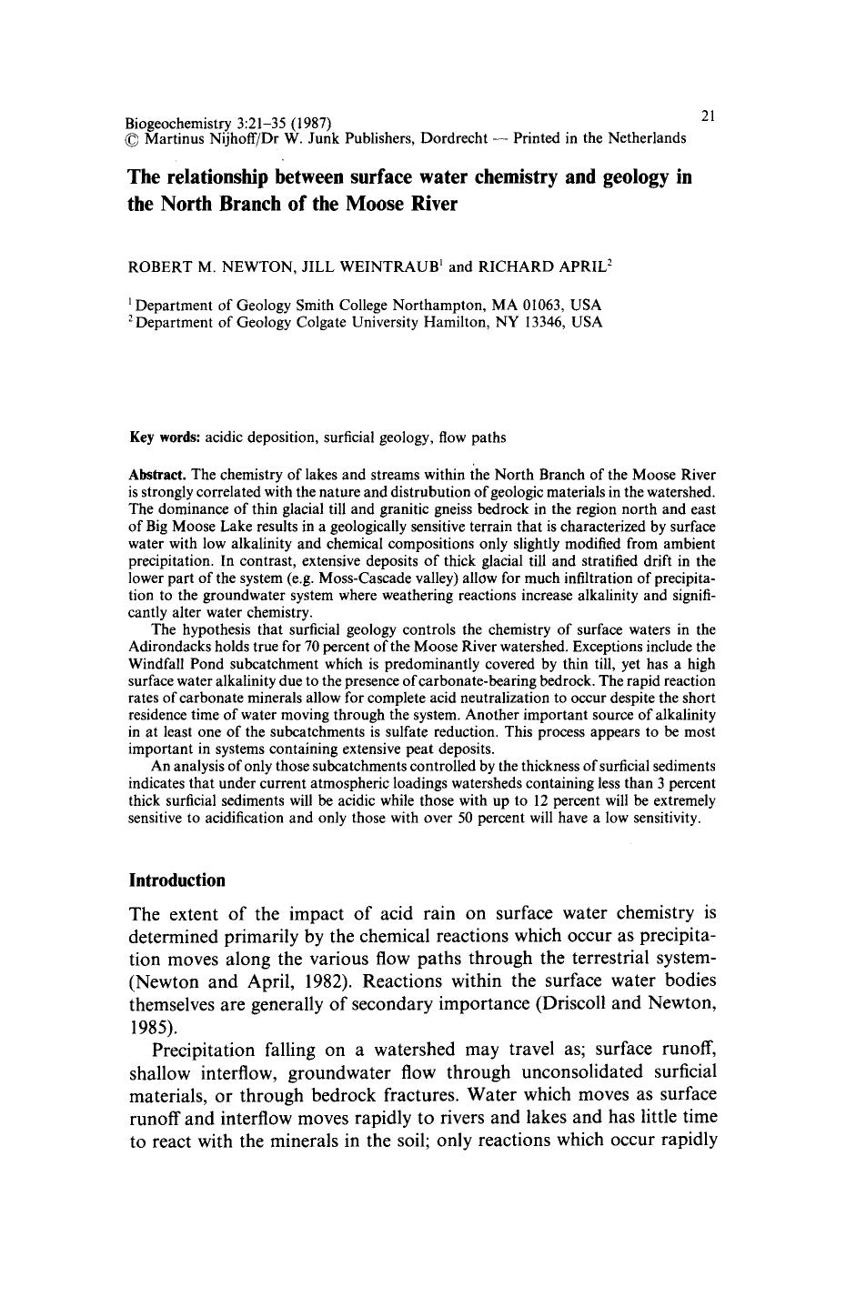 The relationship between surface water chemistry and geology in the North Branch of the Moose River by Unknown