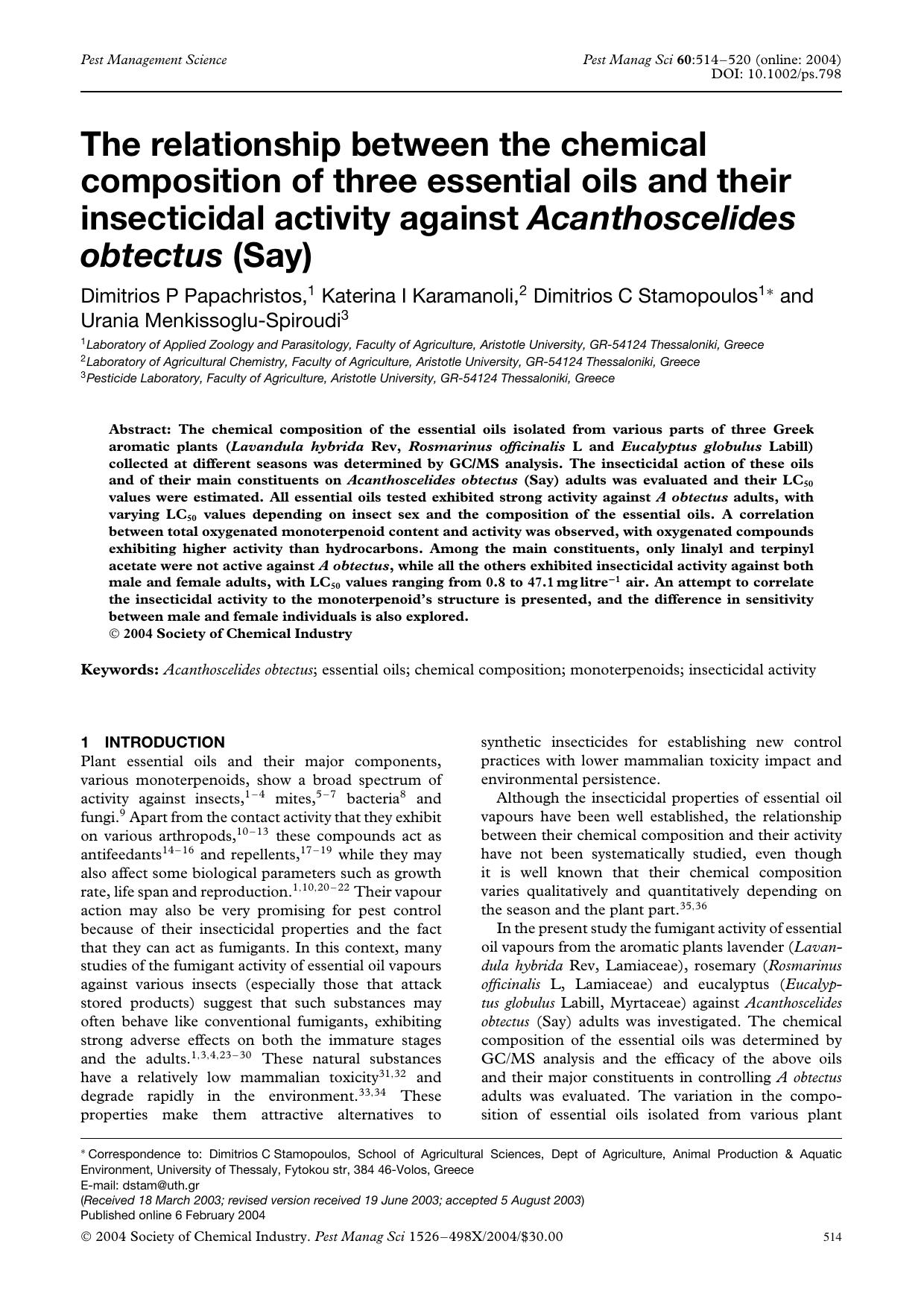 The relationship between the chemical composition of three essential oils and their insecticidal activity against Acanthoscelides obtectus (Say) by Unknown