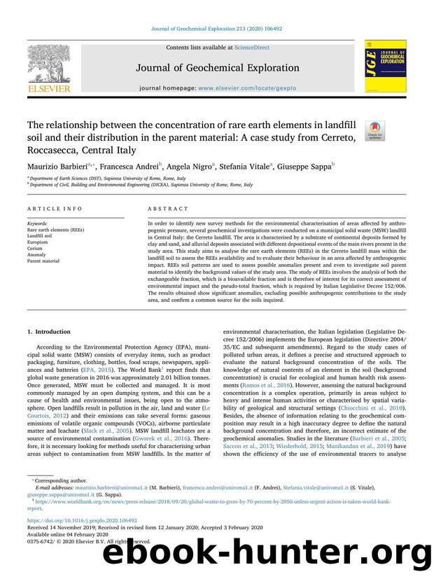 The relationship between the concentration of rare earth elements in landfill soil and their distribution in the parent material_ A case study from Cerreto, Roccasecca, Central Italy by Maurizio Barbieri & Francesca Andrei & Angela Nigro & Stefania Vitale & Giuseppe Sappa