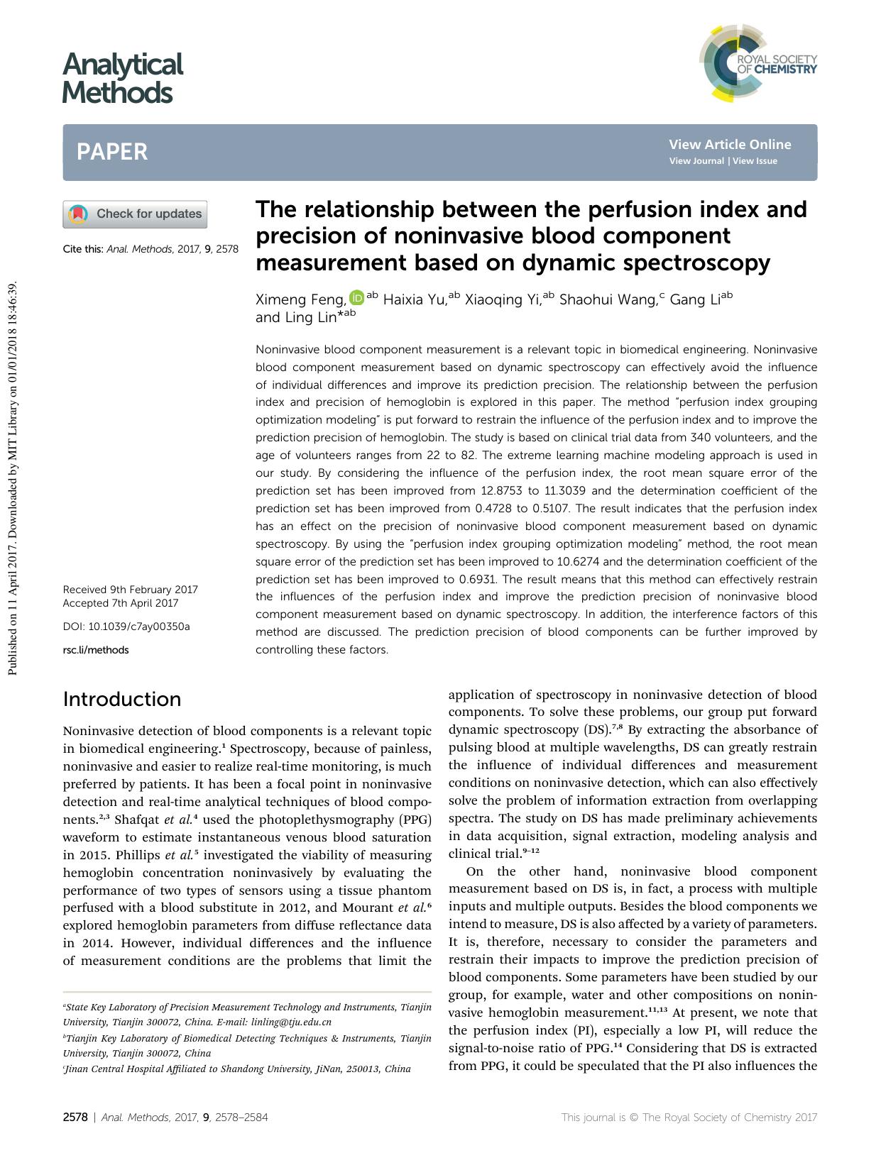 The relationship between the perfusion index and precision of noninvasive blood component measurement based on dynamic spectroscopy by Ximeng Feng & Haixia Yu & Xiaoqing Yi & Shaohui Wang & Gang Li & Ling Lin