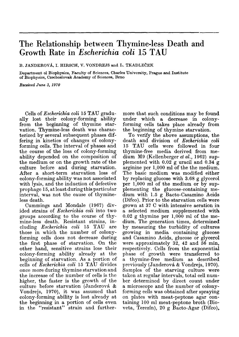 The relationship between thymine-less death and growth rate in <Emphasis Type="Italic">Escherichia coli <Emphasis> 15 TAU by Unknown