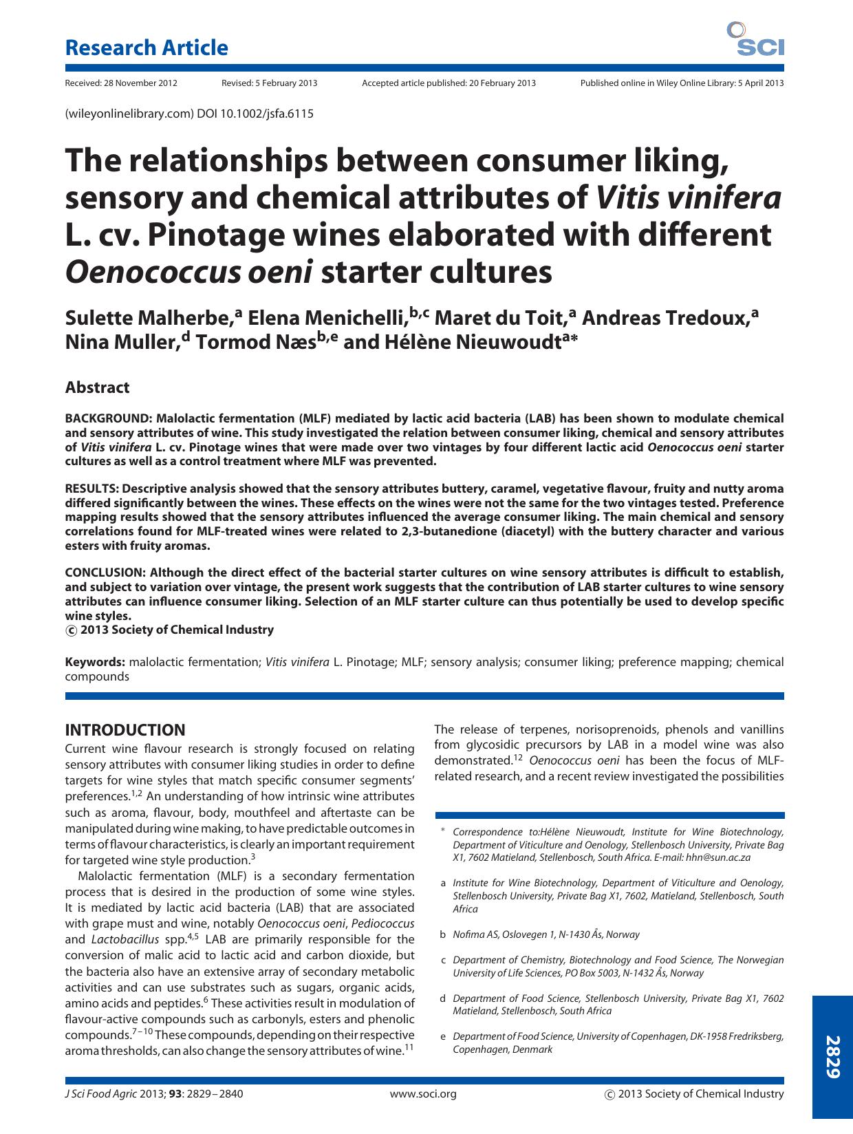 The relationships between consumer liking, sensory and chemical attributes of Vitis vinifera L. cv. Pinotage wines elaborated with different Oenococcus oeni starter cultures by Unknown
