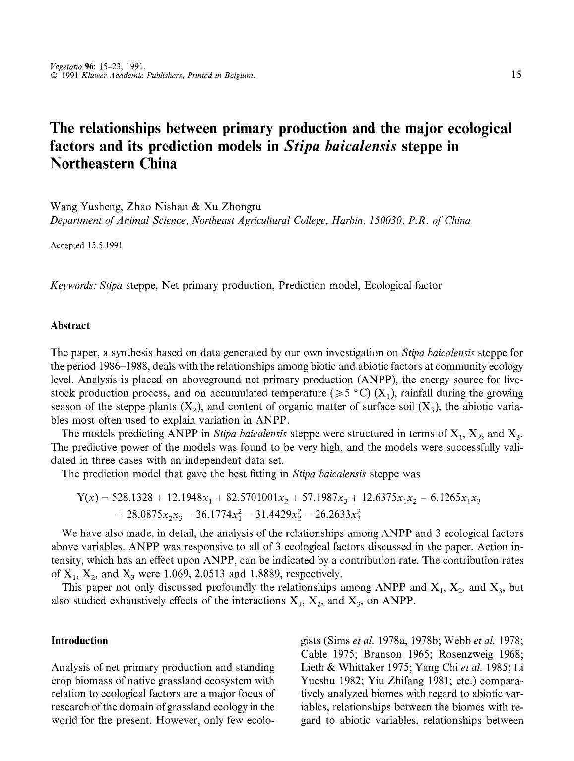 The relationships between primary production and the major ecological factors and its prediction models in <Emphasis Type="Italic">Stipa baicalensis<Emphasis> steppe in Northeastern China by Unknown