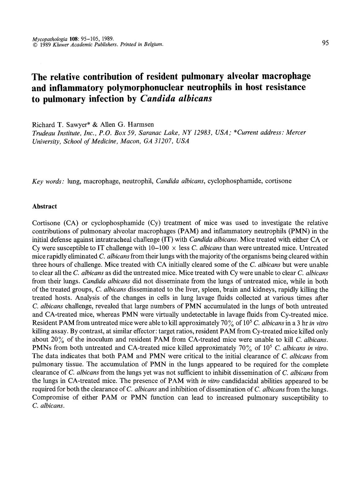The relative contribution of resident pulmonary alveolar macrophage and inflammatory polymorphonuclear neutrophils in host resistance to pulmonary infection by <Emphasis Type="Ital by Unknown