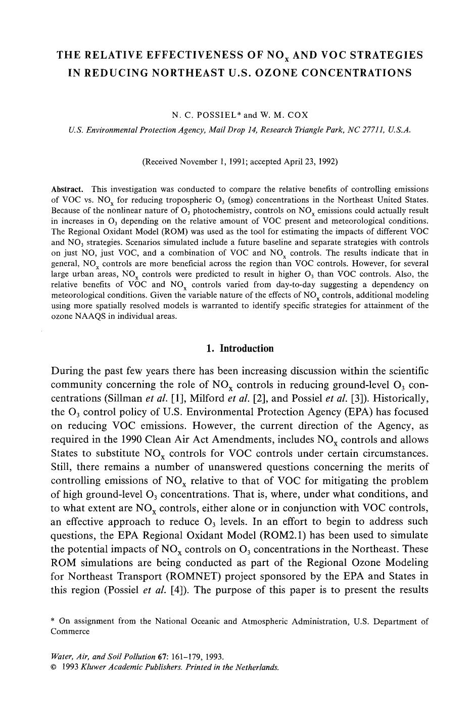 The relative effectiveness of NO<Subscript>x<Subscript> and VOC strategies in reducing Northeast U.S. ozone concentrations by Unknown
