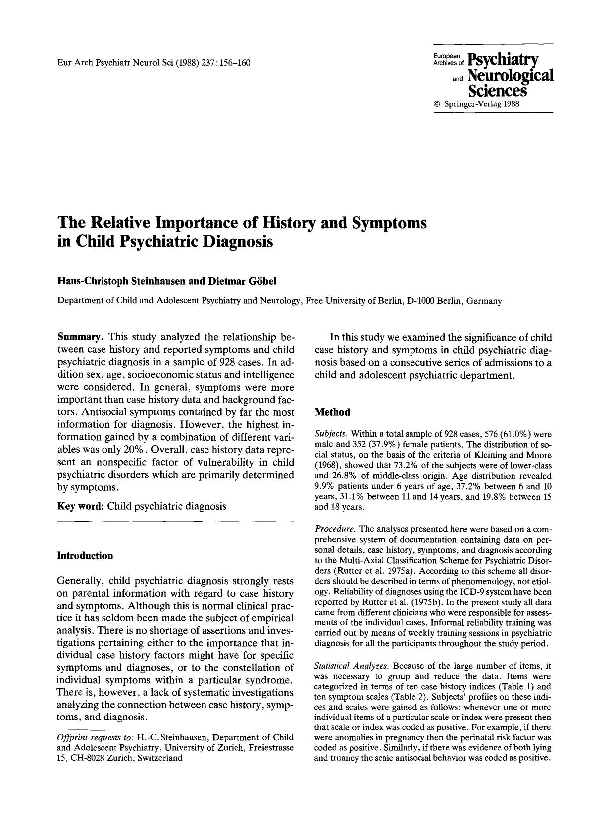 The relative importance of history and symptoms in child psychiatric diagnosis by Unknown