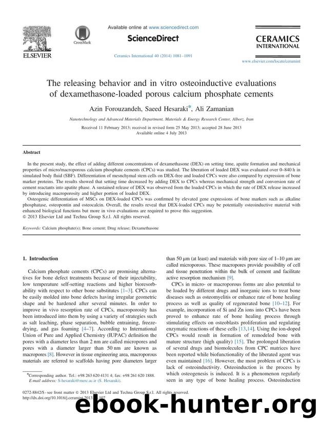 The releasing behavior and in vitro osteoinductive evaluations of dexamethasone-loaded porous calcium phosphate cements by Azin Forouzandeh & Saeed Hesaraki & Ali Zamanian