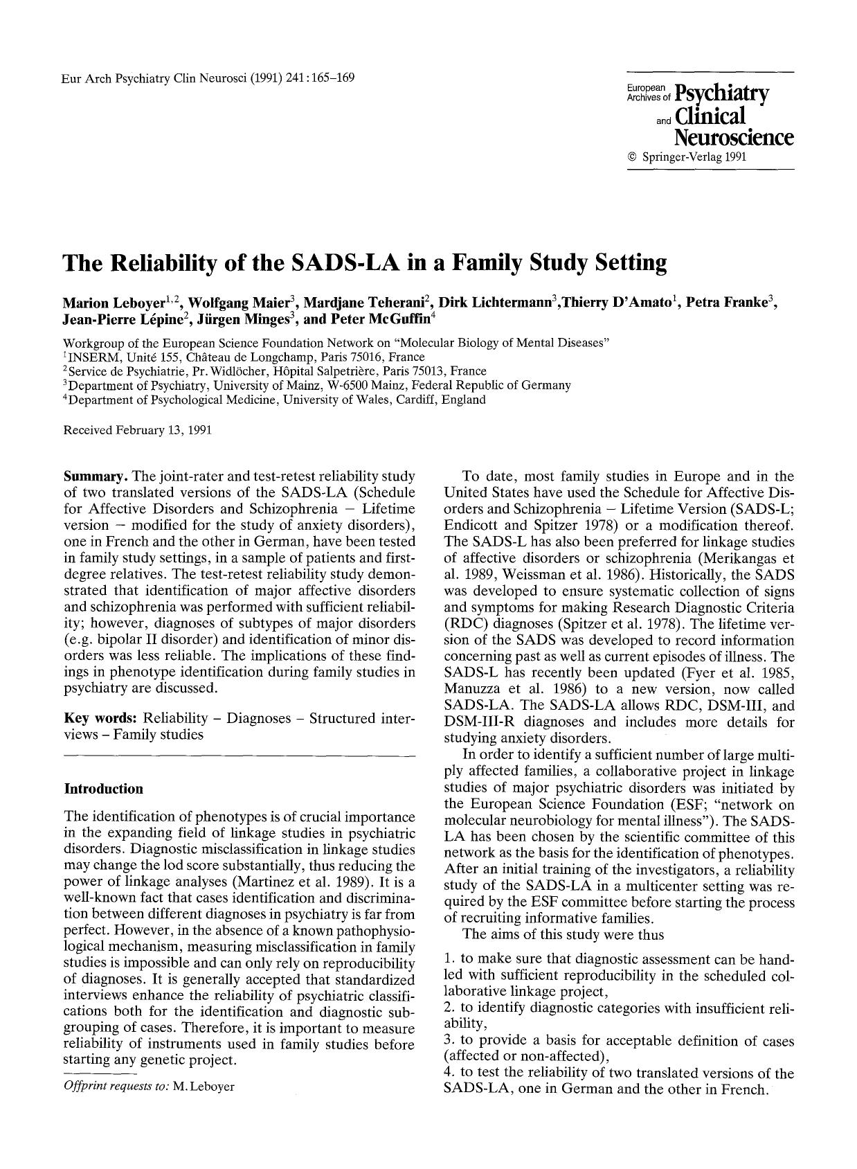 The reliability of the SADS-LA in a family study setting by Unknown