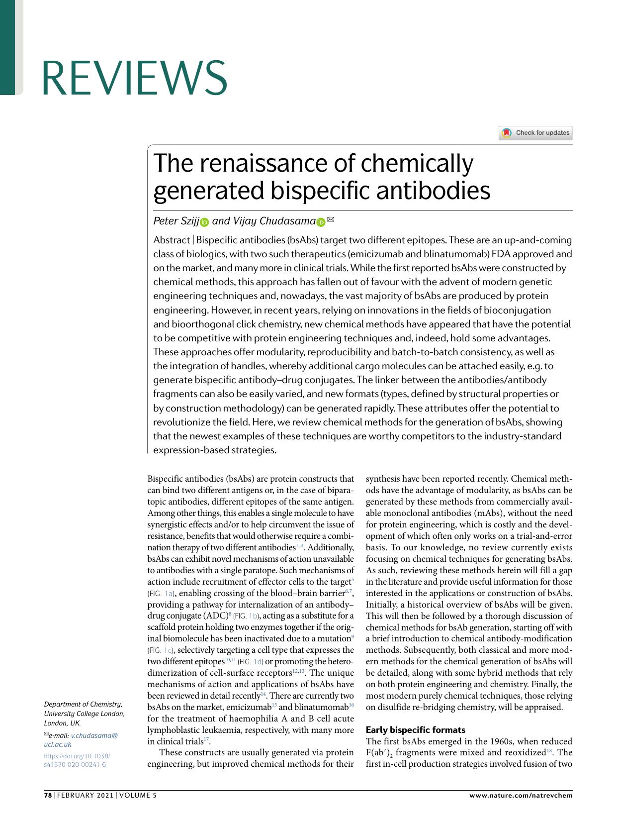 The renaissance of chemically generated bispecific antibodies by Peter Szijj & Vijay Chudasama