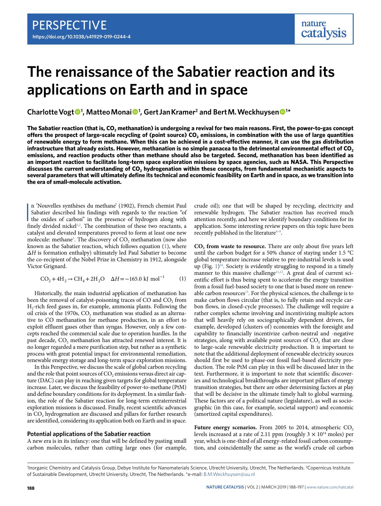 The renaissance of the Sabatier reaction and its applications on Earth and in space by Charlotte Vogt & Matteo Monai & Gert Jan Kramer & Bert M. Weckhuysen