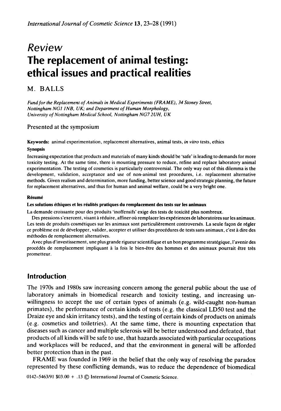 The replacement of animal testing: ethical issues and practical realities by Unknown