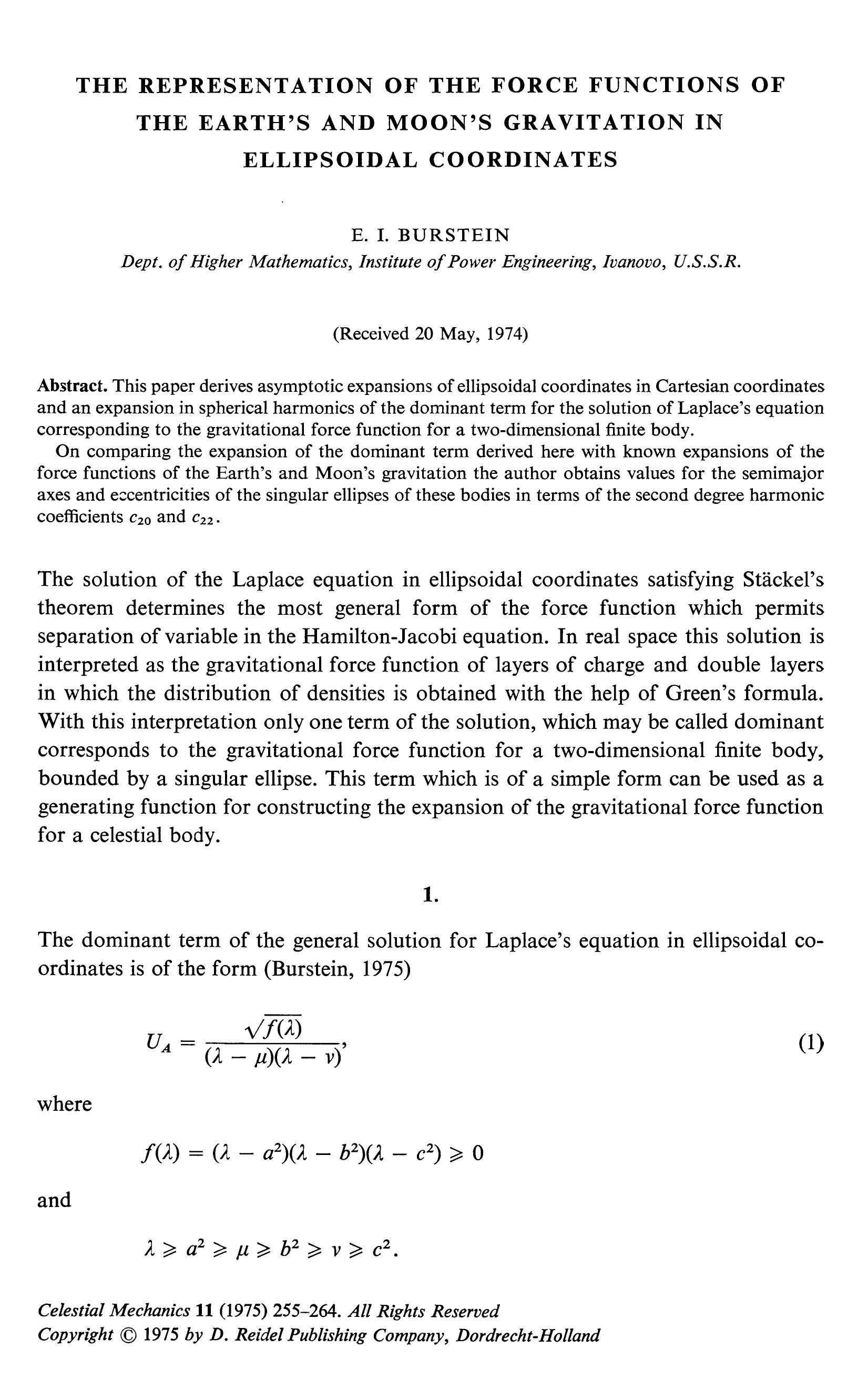 The representation of the force functions of the Earth's and Moon's gravitation in ellipsoidal coordinates by Unknown