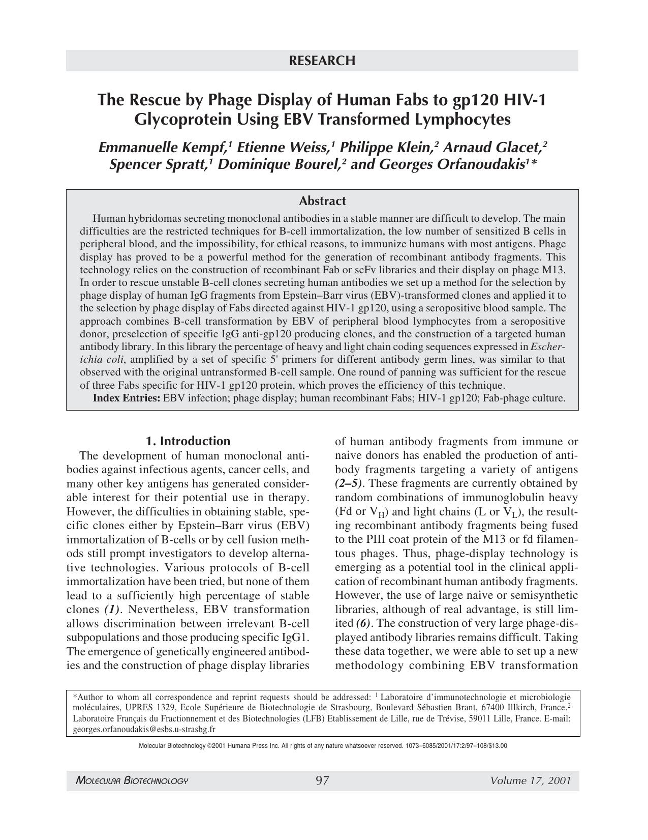 The rescue by phage display of human fabs to gp120 HIV-1 glycoprotein using EBV transformed lymphocytes by Unknown