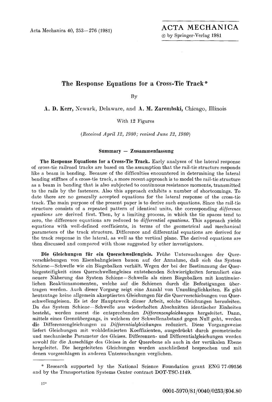 The response equations for a cross-tie track by Unknown