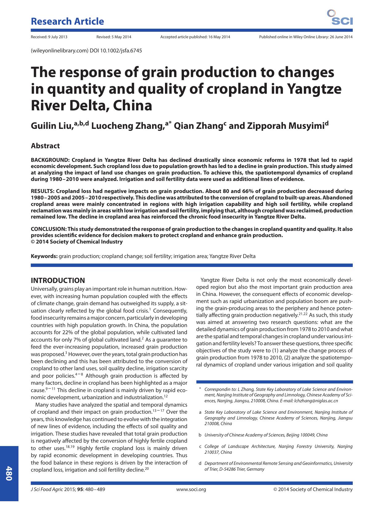 The response of grain production to changes in quantity and quality of cropland in Yangtze River Delta, China by Unknown