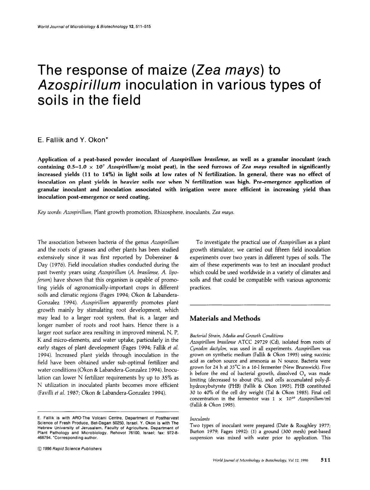 The response of maize (<Emphasis Type="Italic">Zea mays<Emphasis>) to <Emphasis Type="Italic">Azospirillum<Emphasis> inoculation in various types of soils in the field by Unknown